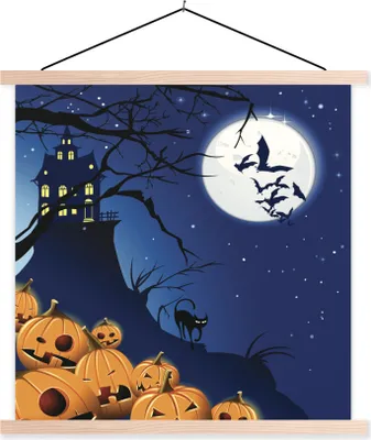 Produktbild von MuchoWow® Textilposter Eine Halloween-Nacht in einer Illustration 40x40 cm mit holzfarbenen Rahmen - Posterleiste