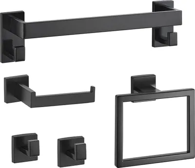 Immagine prodotto di Set di accessori per bagno nero opaco, set di 5 accessori per bagno, portasciugamani in acciaio inossidabile da 40 cm, appendiabiti, 2 ganci per asciugamani, portarotolo per bagno, montaggio a parete