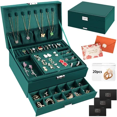 Imagen del producto de Omgoods - Caja de joyería de 3 niveles con 2 cajones y paños de limpieza