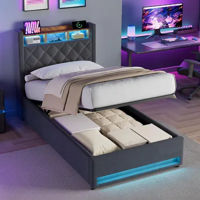 Produktbild von STILVORA Polsterbett 90×190 mit bettkasten,Stauraumbett Boxspringbett mit USB-Anschluss und LED-Licht,Funktionsbett ohne matratze,mit Stauraum,grau