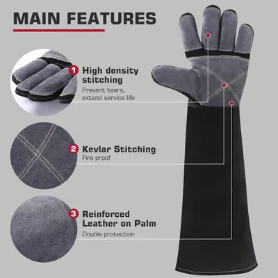 Produktbild von Schweißerhandschuhe - Lange Hitzeschutzhandschuhe - 61 cm - 2 mm Rindsleder - Für MMA/TIG/MIG - Grill, Ofen, BBQ