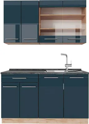 Produktbild von Singleküche Vicco Fame-Line Dunkelblau Hochglanz/Goldkraft Eiche 140 cm , AP Anthrazit, Model 49762