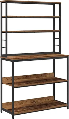 A freestanding kitchen shelf unit with multiple shelves.