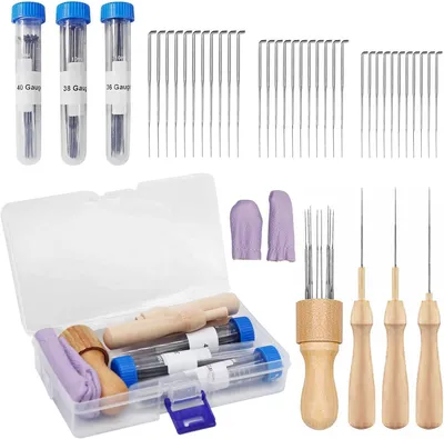 Produktbild von Set, Nadelfilz-Set mit 30 Filznadeln in 3 Größen, Filz-Set für die Wollverarbeitung, Filz-Anfänger-Set, Nadelfilz-Set für Trockenfilzen, Holzgriffe für Filznadeln