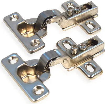 Two metal hinges are shown against a white background.