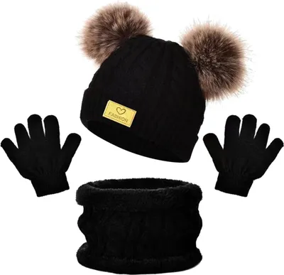 Produktbild von 3-teiliges Winterset für Kinder: Mütze, Schal, Handschuhe, zwei Mützen mit Plüschbommel-Dekor, gedrehte Textur, randlose Strickhandschuhe, Fleece-gefütterter Halswärmer