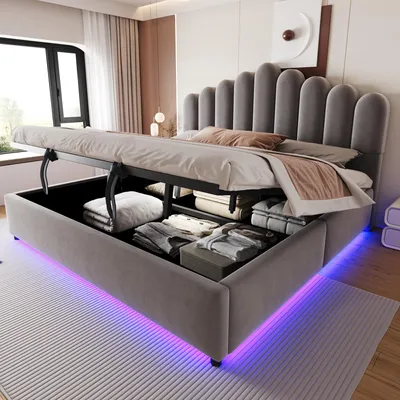 Obrázek produktu pro Postel Merax 180x200 cm s hydraulickým úložným prostorem, manželská postel s LED lištou, čalouněnou opěrkou, stabilní roštovou základnou, potažená sametovou látkou, barva šedá