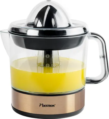 Produktbild von Bestron elektrische Zitrus- & Orangenpresse, inkl. 2 Presskegel und Aromadeckel, Motor mit zwei Drehrichtungen (links/rechts), Füllmenge: 0.7 Liter, 40 Watt, Farbe: Kupfer