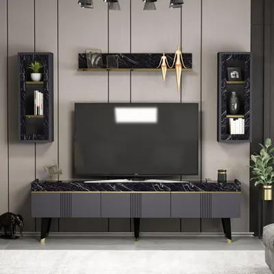 Produktbild von HOMIDEA KARYA Wohnwand mit TV-Lowboard – TV-Schrank mit 3 Türen und Wandregalen im modernen Design (Anthrazit/Marmoroptik)