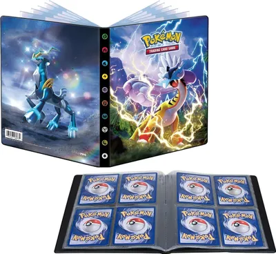 A collage showing two views of a Pokemon trading card binder and an open binder filled with cards.