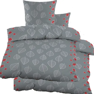 Produktbild von 4-tlg. Biber Winter Bettwäsche 2x (135 x 200 + 80x80 cm), 100% Baumwolle, grau rot, Sterne+Blätter