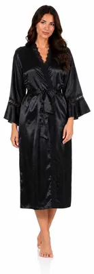 Produktbild von Damen Satin Morgenmantel Kimono mit Spitze Seidenoptik Hausmantel Schwarz S/36