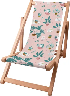 Image de Dreamroots Chaise longue enfant pliable bois jusqu'à 130 kg, Chaise longue pliable avec dossier inclinable en 3 positions, Cat and Plants