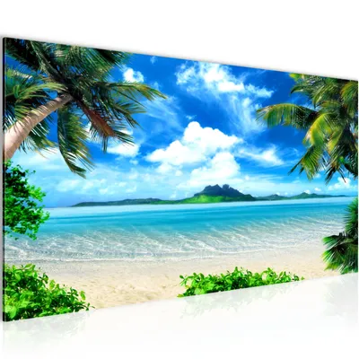 Produktbild von Runa Art Wandbild Strand Palmen 1 Teilig 100 x 40 cm Modern Bild auf Vlies Leinwand Meer Schlafzimmer Wohnzimmer Blau Beige 603312a