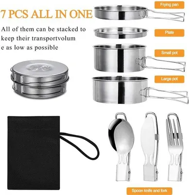 Image de Ensemble de batterie de cuisine de camping Ibenzoa® comprenant 7 pièces : casserole de 900 ml, casserole de 600 ml, poêle, couvercle/assiette multifonctionnel, couverts pliables, compact et portable