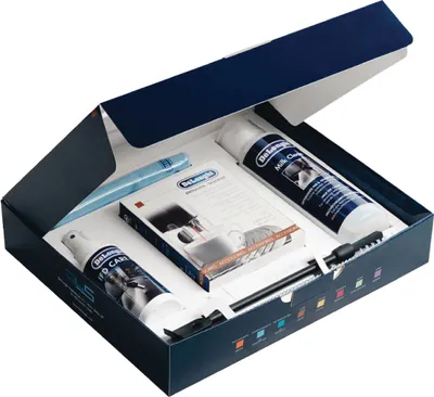 A box of De'Longhi coffee machine cleaning and maintenance supplies.