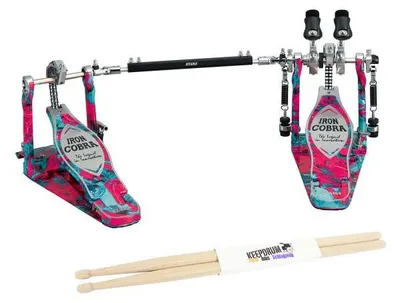 Immagine prodotto di Tama doppio pedale hp900pwmcs Iron Cobra 900 Marble Coral Swirl con bacchette