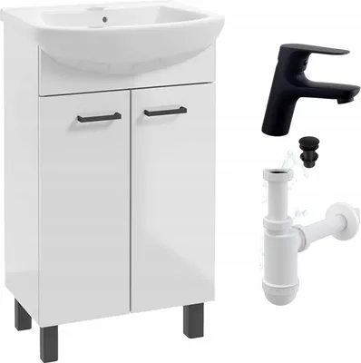 Obrázok produktu pre Stamar | Kúpeľňová skrinka s umývadlom, 50 cm, čierne úchytky, batéria a sifón
