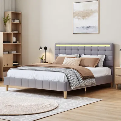 Obrázok produktu pre Čalúnená plávajúca posteľ 160 x 200 cm s LED svetlami a dizajnom čela, manželská posteľ v sivej posteľnej bielizni šetrnej k pokožke