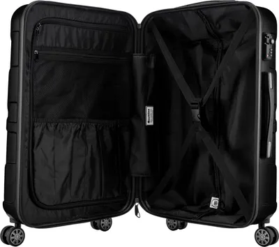 An open black suitcase, showing its interior.