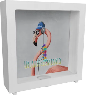 Produktbild von Rahmen Spardose aus Holz mit lustigem Tier und Text für Urlauber -