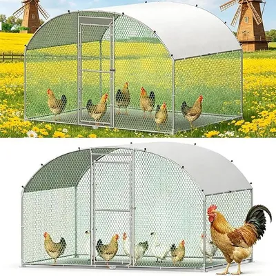 Imagen del producto de Jaula para gallinas con zona de paseo de 3x2 metros, jaulas metálicas para animales pequeños con cerradura de seguridad, cubierta impermeable para el área de paseo de las gallinas, jaula para gallinas resistente al invierno, jaula para aves, plantas