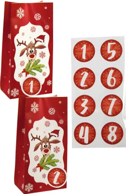 Two red Christmas advent bags with reindeer designs and numbered stickers.