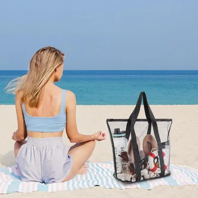 Große faltbare Strandtasche aus Mesh, wasserdichte Handtasche mit Reißverschluss, ideal für Strandurlaub und Spielzeug