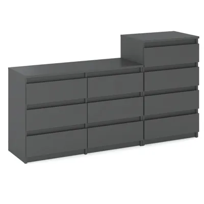 A dark gray dresser with multiple drawers is shown against a white background.