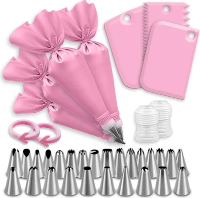 A collection of baking tools, including piping bags, tips, adapters, and spatulas, arranged on a white background.