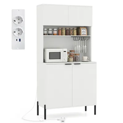 Immagine prodotto di Mobile da cucina COSTWAY, mobile buffet, mobile alto con stazione di carico, ante, portabicchieri da vino e piano di lavoro, mobile contenitore per dispensa, bianco