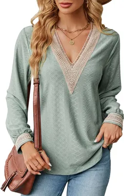 Produktbild von ASKSA Damen V-Ausschnitt Langarm T-Shirt Elegant Spitzenspleissen Bluse Casual Langarmshirt Tunika Tops, Dunkelgruen, M