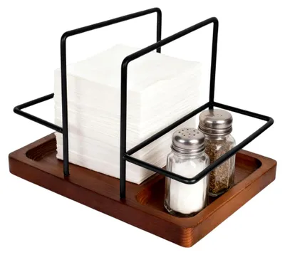 Produktbild von Serviettenhalter aus Holz, drehbarer Serviettenspender, mit Gewürzablage für Küche und Gastronomie