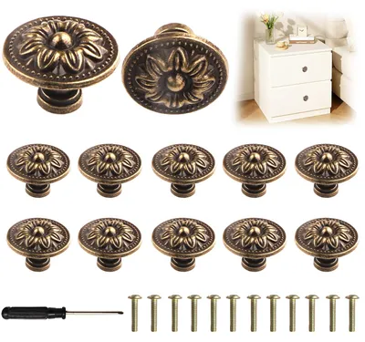 Produktbild von 12 Vintage-Möbelgriffe, 30 mm runde Möbelknöpfe mit Schrauben und Schraubendreher, Schrankknöpfe mit Blumenmuster - zur Verwendung an Schränken, Kleiderschränken, Möbelgriffen und anderen Beschlägen (Bronze)