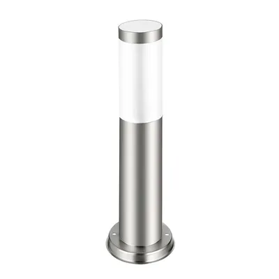 A silver and white bollard light on a white background.