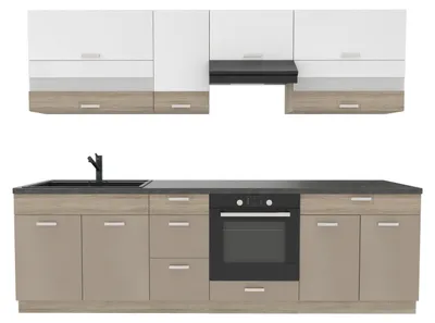 Produktbild von Küchenzeile 270 cm - Sonoma Beige Weiß - Mit Arbeitsplatte Dunkelbrau - Metallbox Schubladen - Soft-Close - MDF - PREMIO A PLUS