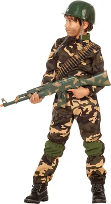 A child dressed in a camouflage military costume, holding a toy rifle.