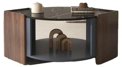 Imagen del producto de Mesa de centro, con tablero de mármol y estructura de nogal, diámetro de 40 pulgadas, altura de 18 pulgadas, con espacio de almacenamiento y superficie pulida