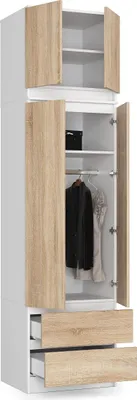 Produktbild von BDW Kleiderschrank mit Aufsatz, 4-türiger Kleiderschrank, Weiß / Eiche Sonoma