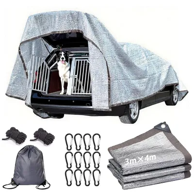 Image de Filet pare-soleil pour voiture destiné aux chiens, 3 x 4 m ; filet pare-soleil pour voiture ; filet pare-soleil en aluminium ; toile d'ombrage réfléchissante pour le camping ; filet pare-soleil en aluminium avec œillets, protection UV à 80 % ; pour serre, terrasse, plantes, chiens et animaux