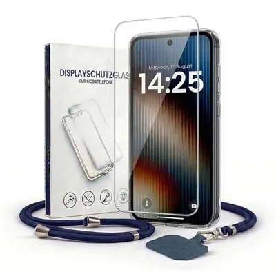 Produktbild von Handyhülle für Xiaomi Redmi 13 mit Handykette und 9H Displayglas Displayschutz Band in Blau Kordel Hülle Case Schutzhülle Transparent