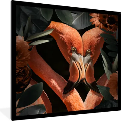 Produktbild von MuchoWow® MuchoWow® Gerahmtes Poster Flamingo - Blätter - Blumen 40x40 cm - Poster mit zchwarzem Bilderrahmen - Mit Rahmen - Wanddekoration Schlafzimmer
