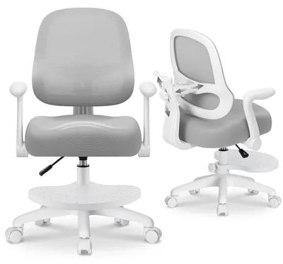Obrázok produktu pre HOFFREE Ergonomická detská stolička k písaciemu stolu, sivá, s nastaviteľnou výškou, opierkou nôh, sklopnými podrúčkami, nastaviteľnou opierkou chrbta a sieťovinou