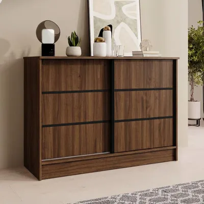 Produktbild von BEAUTYSOFA Kommode MIRELA 100 cm Warmia Walnuss, Sideboard mit 2 Schiebetüren, Highboard mit dekorativen Zierleisten, Moderne Anrichte, Viel Stauraum
