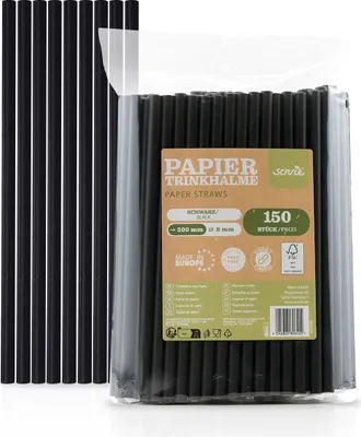 Produktbild von Trinkhalm in Schwarz aus Papier, Ø 8 mm / 20 cm, 150 Stück in Folienbeutel