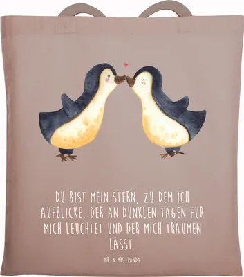 Produktbild von Mr. & Mrs. Panda Tote Bag Pinguin Liebe - Braun Pastell - Geschenk, totebag, Einkaufstasche, Tasche, Liebesspruch, Freundin, Paar, Hochzeit, Baumwolltasche, Unitasche