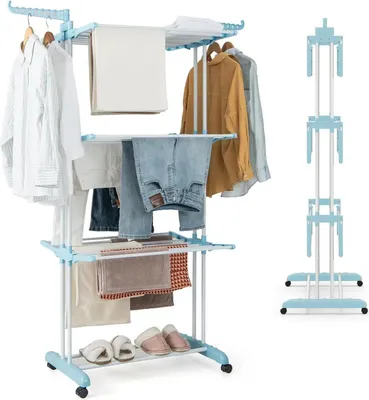 Zdjęcie produktu dla Suszarka do bielizny – 4-poziomowa wieża – z kółkami – składana – wolnostojąca – rozkładana – tworzywo PP – niebieska