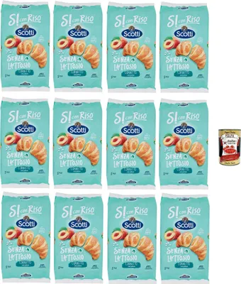 Produktbild von Si con Riso - Cornetti Senza Lattosio con Farcitura alla Pesca - Laktosefreie Croissants mit Pfirsichfüllung, ohne Laktose, Palmöl ohne, 12x 240g + Italian Gourmet polpa 400g