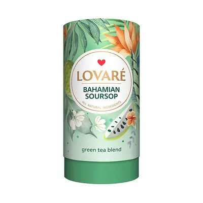 A cylindrical tea container with a tropical floral design.