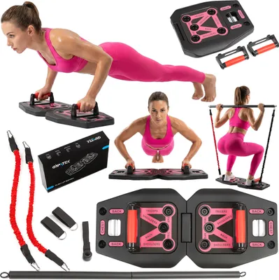 Obrázek produktu pro Gymtek® Skládací deska na kliky - Deska na kliky - Push-Up Board - včetně odporových pásků - Fitness zařízení pro domácnost - Rukojeti na kliky